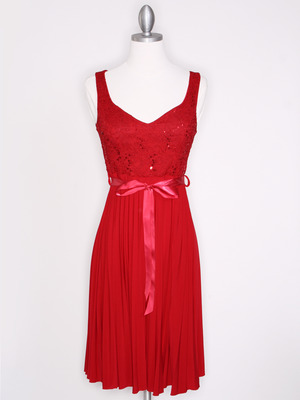 CP2257 Pleated Cocktail Dress with Sash, Red