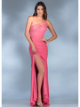 JC2454 One Shoulder Embroidered Evening Dress - Hot Pink, Front View Thumbnail