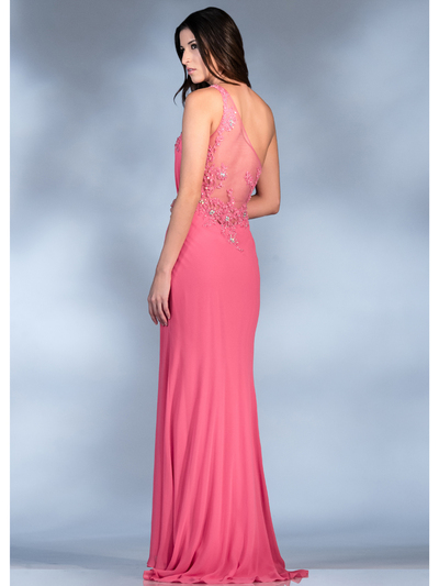 JC2454 One Shoulder Embroidered Evening Dress - Hot Pink, Back View Medium