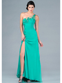 JC2454 One Shoulder Embroidered Evening Dress - Jade, Front View Thumbnail
