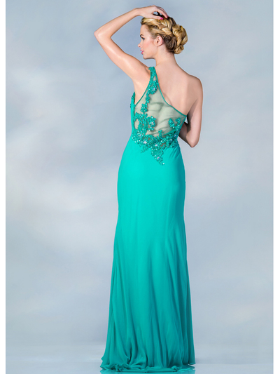 JC2454 One Shoulder Embroidered Evening Dress - Jade, Back View Medium