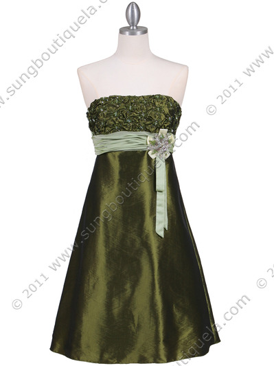 0112S Green Strapless Taffeta Cocktail Dress - Green, Front View Medium