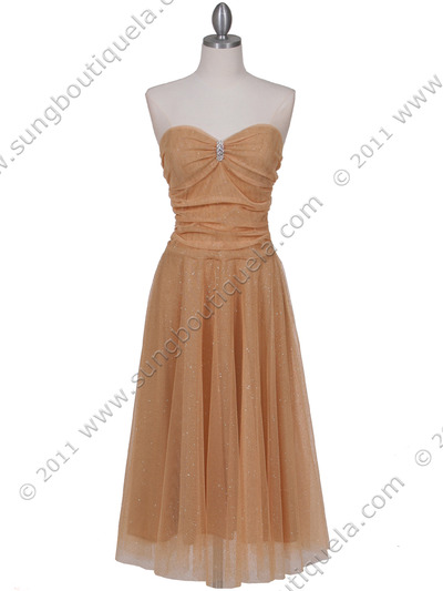 012A Strapless Gold Glitter Tea Length Dress - Gold, Front View Medium