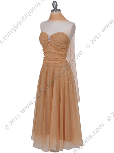 012A Strapless Gold Glitter Tea Length Dress - Gold, Alt View Medium