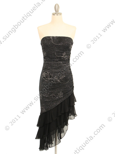 027 Black Strapless Glitter Party Dress - Black, Front View Medium
