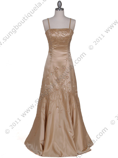 037 Gold Satin Evening Gown - Gold, Front View Medium