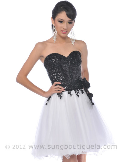 051 Strapless Short Prom Dress - Black White, Front View Medium