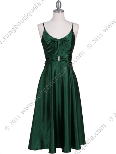 085 Green Charmeuse Tea Length Dress - Green, Front View Medium