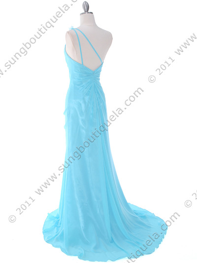 1624 Aqua One Shoulder Evening Dress - Aqua, Back View Medium