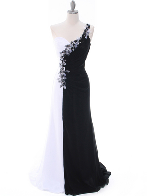 1624 Black/White One Shoulder Floral Evening Dress, Black White