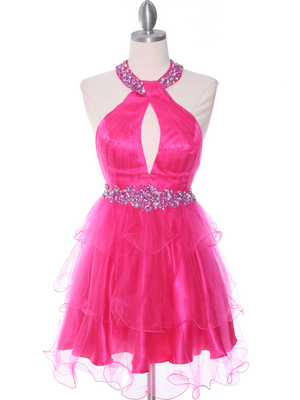 1806 Hot Pink Halter Cocktail Dress With Keyhole, Hot Pink