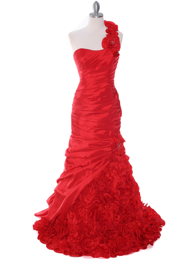 1828 Red Taffeta One Shoulder Evening Gown - Red, Front View Medium
