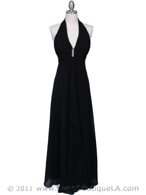 1856 Black Halter Evening Dress with Rhinestone Pin, Black