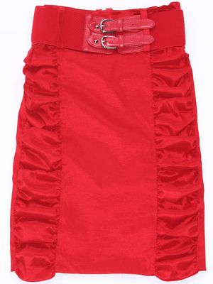 2092 Red Stretch Taffeta Pencil Skirt with Belt, Red