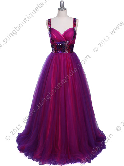 2128 Purple Hot Pink Sequin Lace Prom Dress - Purple Hot Pink, Front View Medium