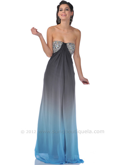 C2160 Strapless Jewel Embellished Chiffon Evening Dress - Blue Black, Front View Medium