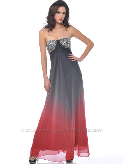 C2160 Strapless Jewel Embellished Chiffon Evening Dress - Red Black, Front View Medium