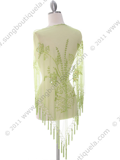 2288 Green Lace Beaded Shawl - Green, Back View Medium