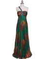 286 Green Printed Single Strap Evening Dress - Green, Front View Thumbnail