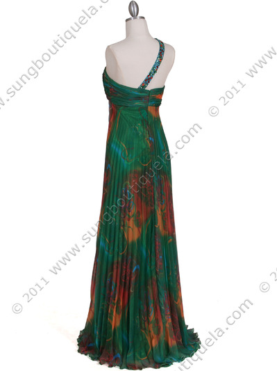 286 Green Printed Single Strap Evening Dress - Green, Back View Medium