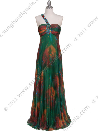 286 Green Printed Single Strap Evening Dress - Green, Front View Medium