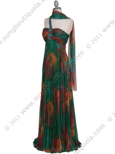 286 Green Printed Single Strap Evening Dress - Green, Alt View Medium