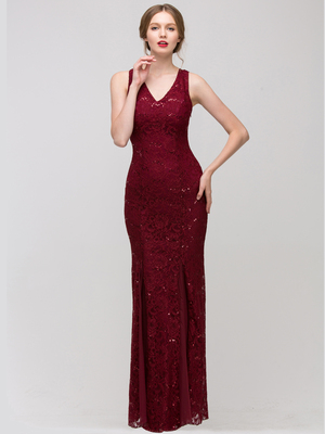 30-2030 Sleeveless Lace Overlay Evening Dress, Burgundy