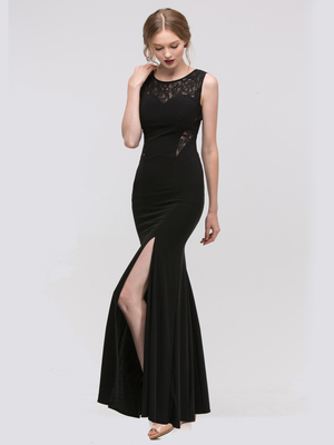 30-2073 Sleeveless Long Evening Dress with Slit, Black
