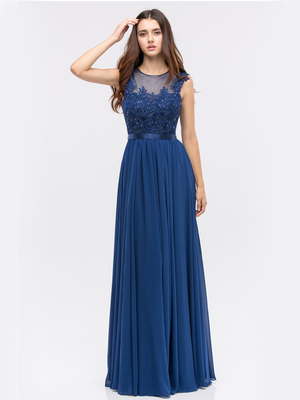 30-3611 Evening Dress with Illusion Neckline, Navy