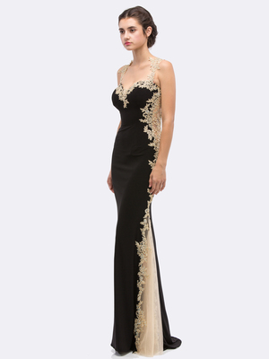 30-6006 Sleeveless Lace Trim Evening Dress with Cutout Back, Black