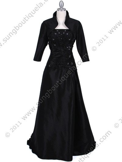3052 Black Tafetta Evening Dress with Bolero - Black, Front View Medium