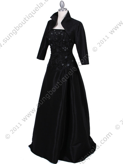 3052 Black Tafetta Evening Dress with Bolero - Black, Alt View Medium