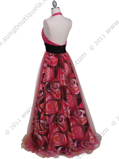 3060 Hot Pink Beaded Print Prom Dress - Hot Pink, Back View Medium