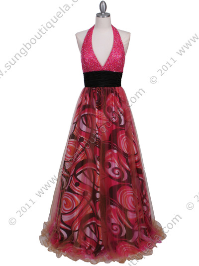 3060 Hot Pink Beaded Print Prom Dress - Hot Pink, Front View Medium