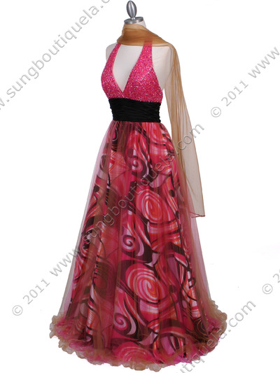 3060 Hot Pink Beaded Print Prom Dress - Hot Pink, Alt View Medium