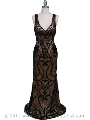 3081 Black Gold Lace Sequin Evening Dress, Black Gold
