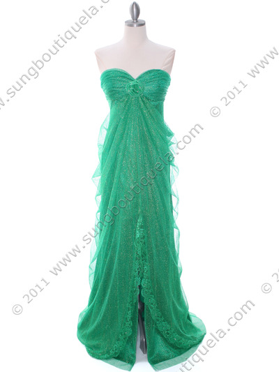 3181 Green Lace Strapless Prom Dress - Green, Front View Medium