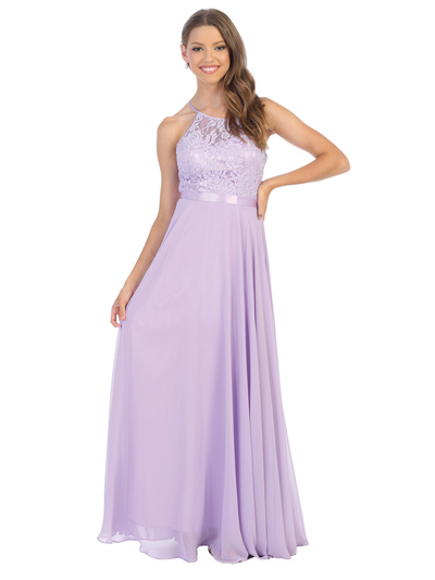 3216 Lace Halter Cross Back Chiffon Dress - Lilac, Front View Medium