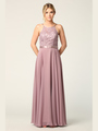 3216 Lace Halter Cross Back Chiffon Dress - Mauve, Front View Thumbnail