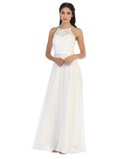 3216 Lace Halter Cross Back Chiffon Dress - Off White, Front View Medium