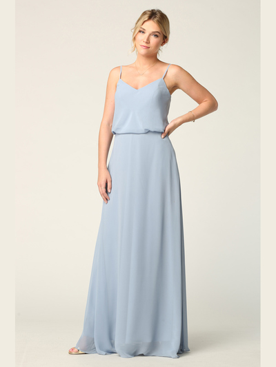 3318 Spaghetti Strap Blouson Top Bridesmaid Dress - Dusty Blue, Front View Medium