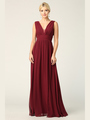 3329 V-neck Front And Back Long Evening Dress - Burgundy, Front View Thumbnail