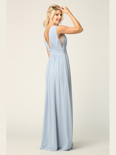 3329 V-neck Front And Back Long Evening Dress - Dusty Blue, Back View Medium