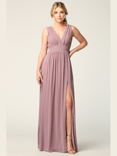 3329 V-neck Front And Back Long Evening Dress - Mauve, Front View Medium