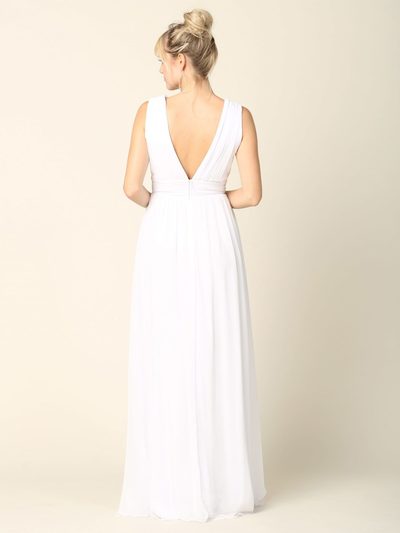 3329 V-neck Front And Back Long Evening Dress - White, Back View Medium