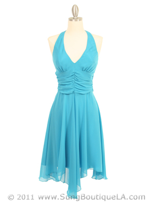 3329 Turquoise Halter Top Chiffon Cocktail Dress, Turquoise