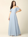 3331 Flutter Cold Shoulder Long Evening Dress - Dusty Blue, Front View Thumbnail