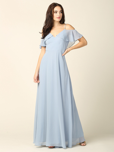 3331 Flutter Cold Shoulder Long Evening Dress - Dusty Blue, Front View Medium