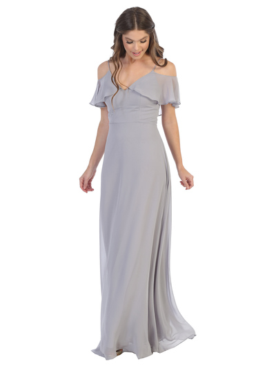 3331 Flutter Cold Shoulder Long Evening Dress - Silver, Front View Medium