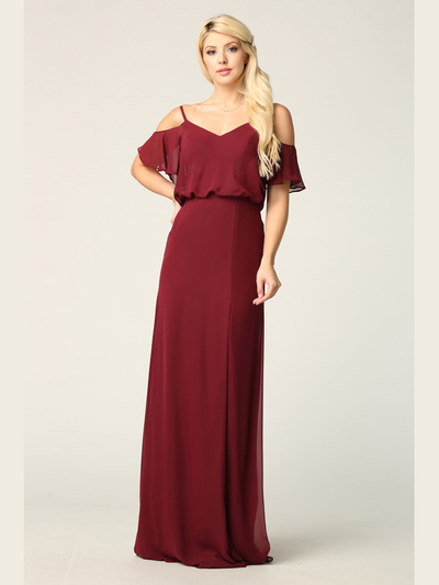 3333 Blouson Top With Cold Shoulder Evening Dress - Burgundy, Front View Medium